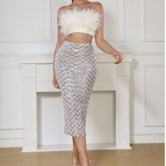 Cream fuzzy Feather Trim Crop Tube Top & Sexy silver Sequin sheer Pencil Skirt - Picture 6 of 10